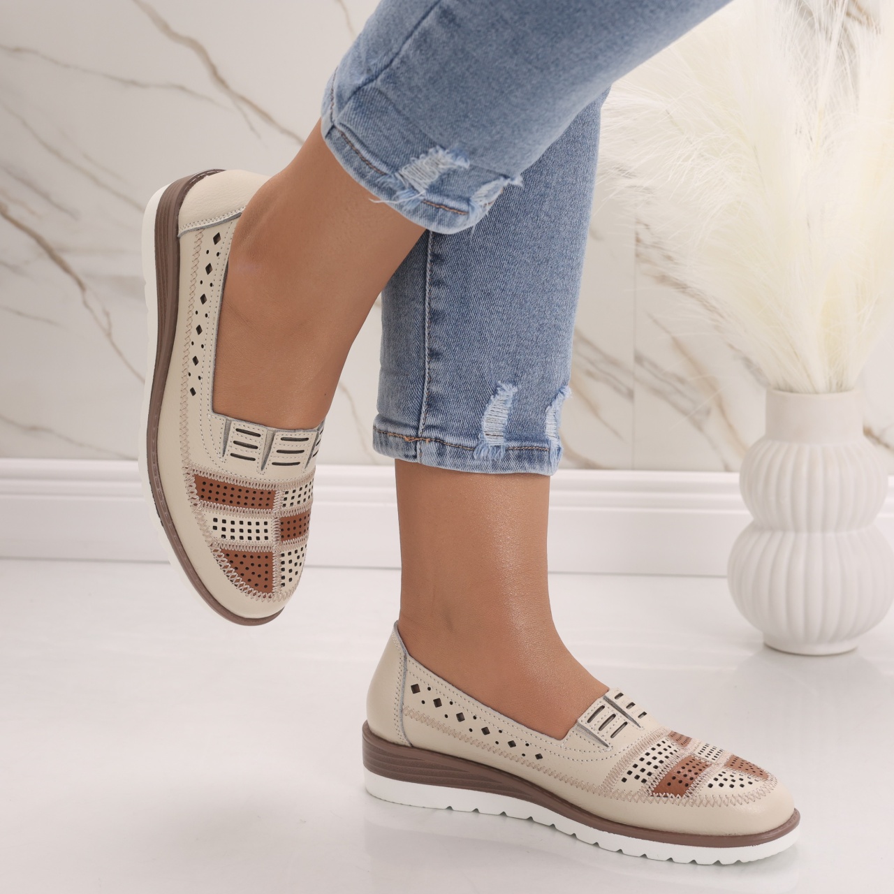Pantofi dama casual Bej din Piele Naturala Saina - poza 5