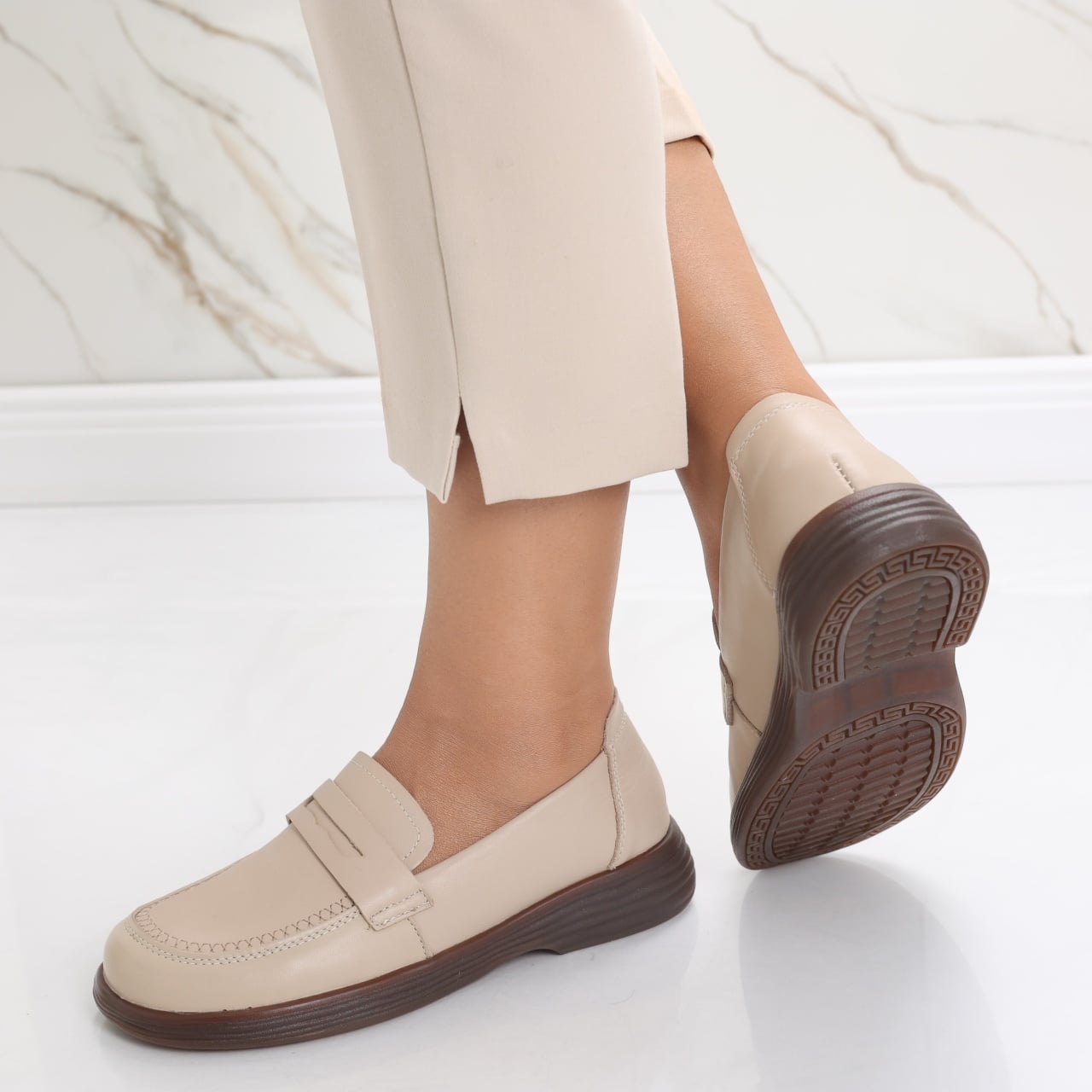 Pantofi dama casual Bej din Piele Naturala Sendiana - poza 3