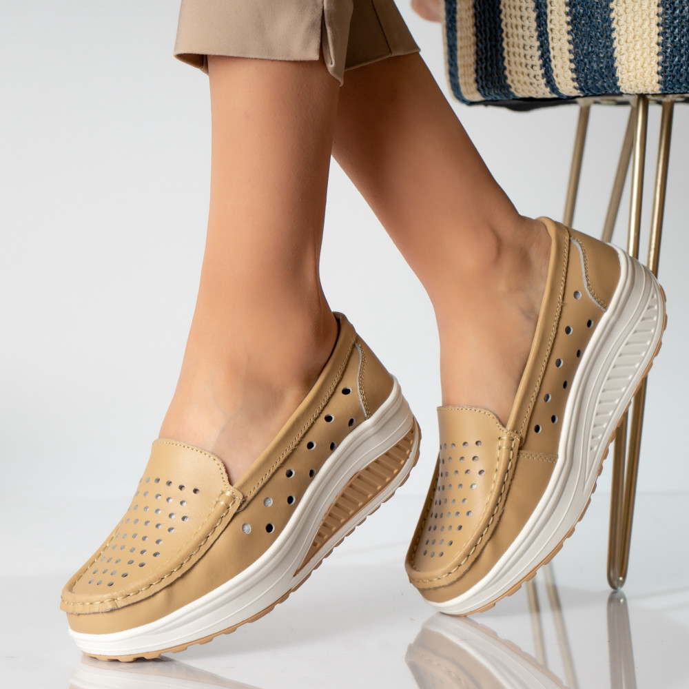 Pantofi dama casual bej piele naturala perla - poza 1