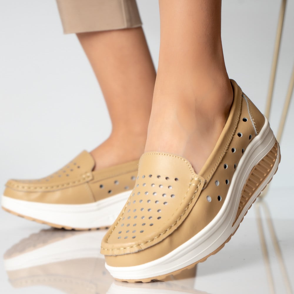 Pantofi dama casual bej piele naturala perla - poza 2