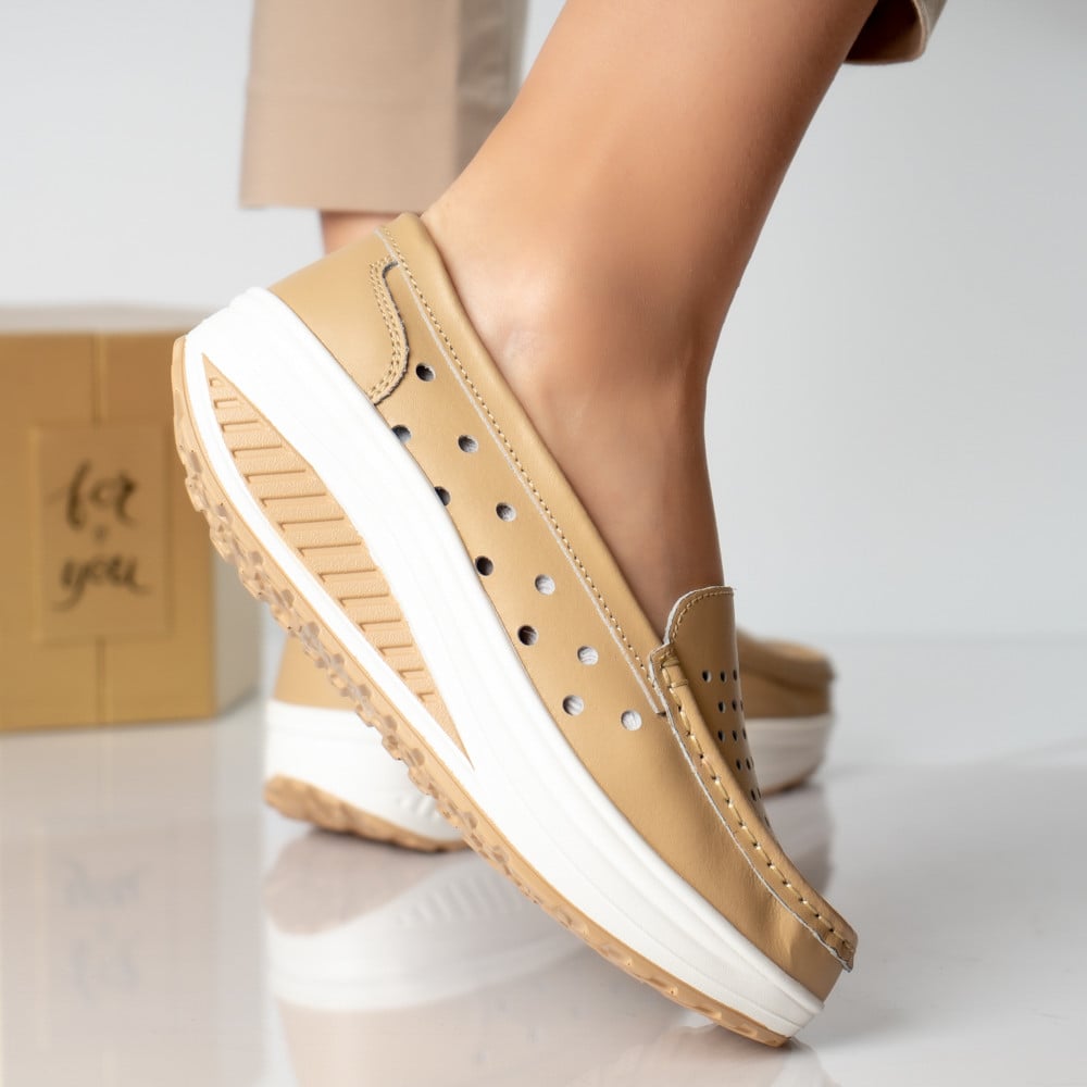 Pantofi dama casual bej piele naturala perla - poza 3
