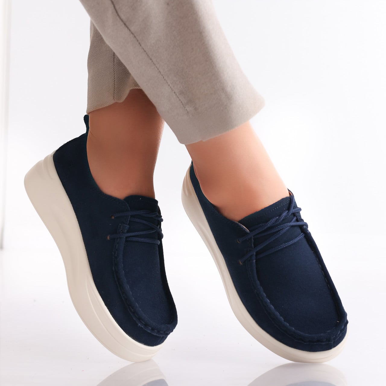 Pantofi dama casual Bleumarin din Piele Naturala Intoarsa Derina - poza 1