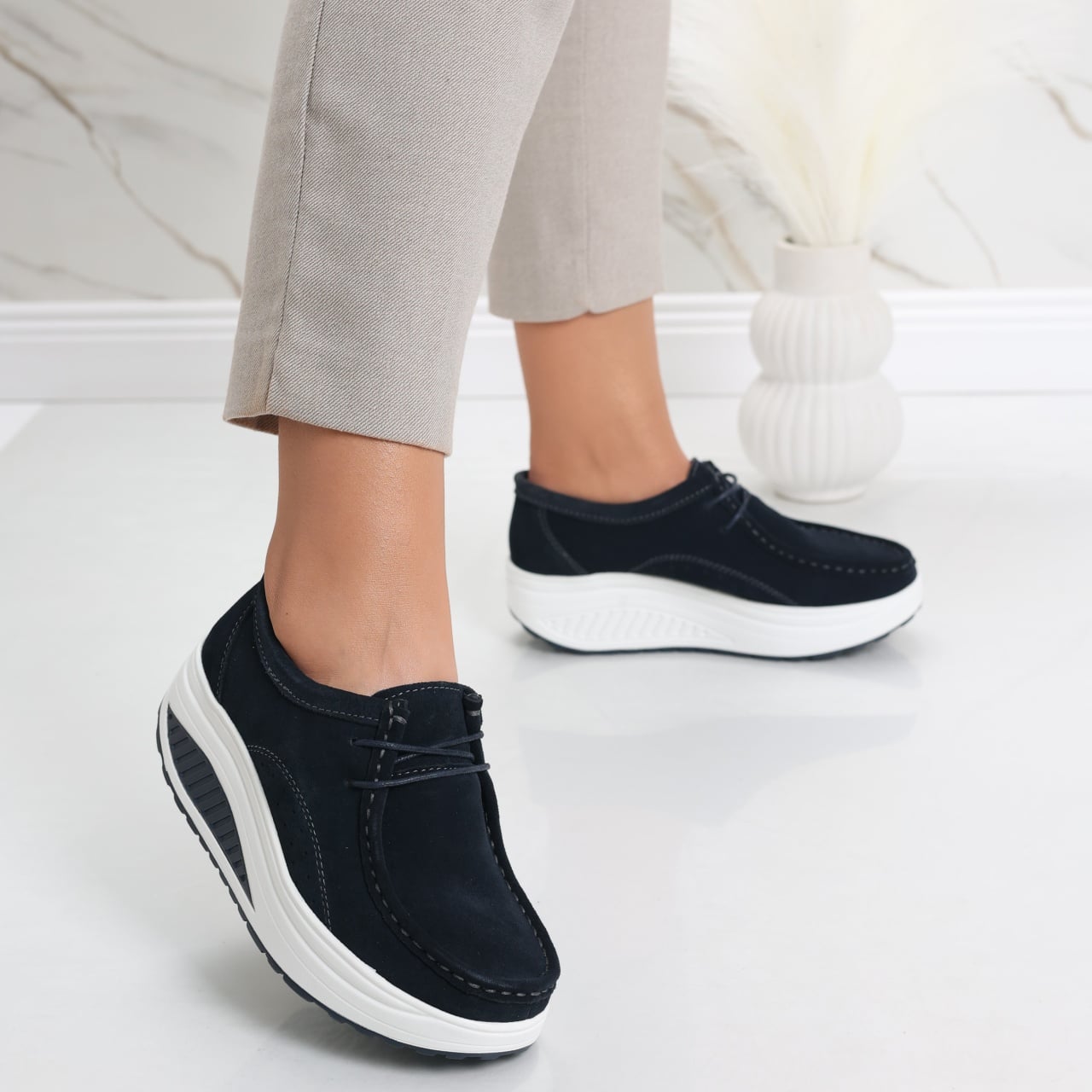 Pantofi dama casual Bleumarin din Piele Naturala Intoarsa Oscara - poza 3