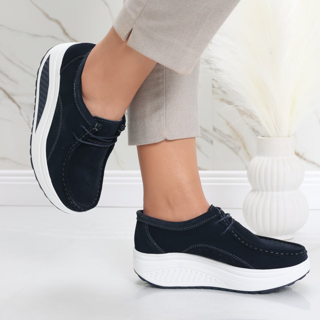 Pantofi dama casual Bleumarin din Piele Naturala Intoarsa Oscara - poza 4