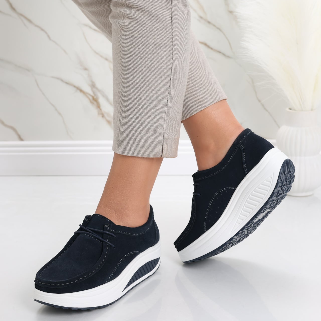 Pantofi dama casual Bleumarin din Piele Naturala Intoarsa Oscara - poza 5