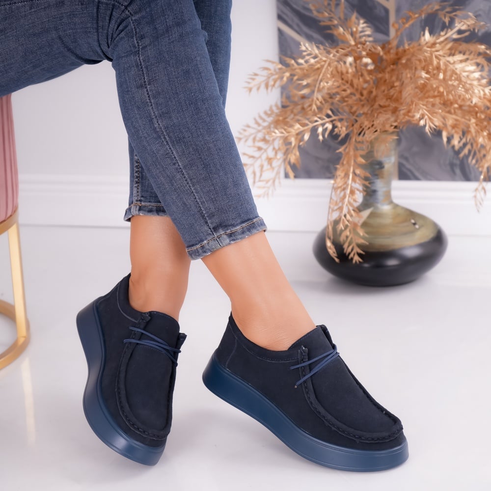 Pantofi dama casual Bleumarin din Piele Naturala Intoarsa Sandy - poza 1