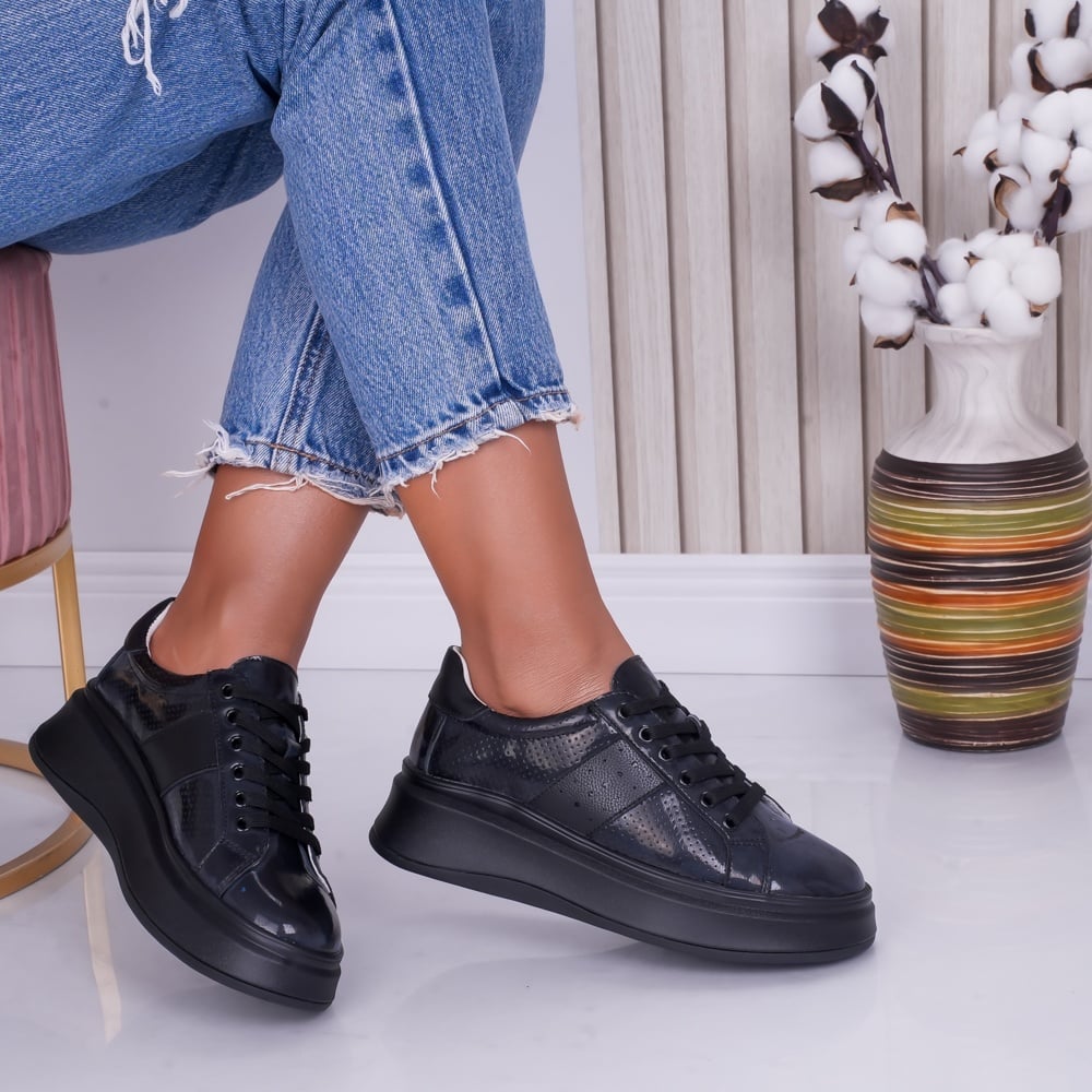 Pantofi dama casual Bleumarin din Piele Naturala Lacuita Aura - poza 1