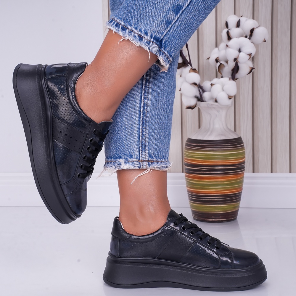 Pantofi dama casual Bleumarin din Piele Naturala Lacuita Aura - poza 2