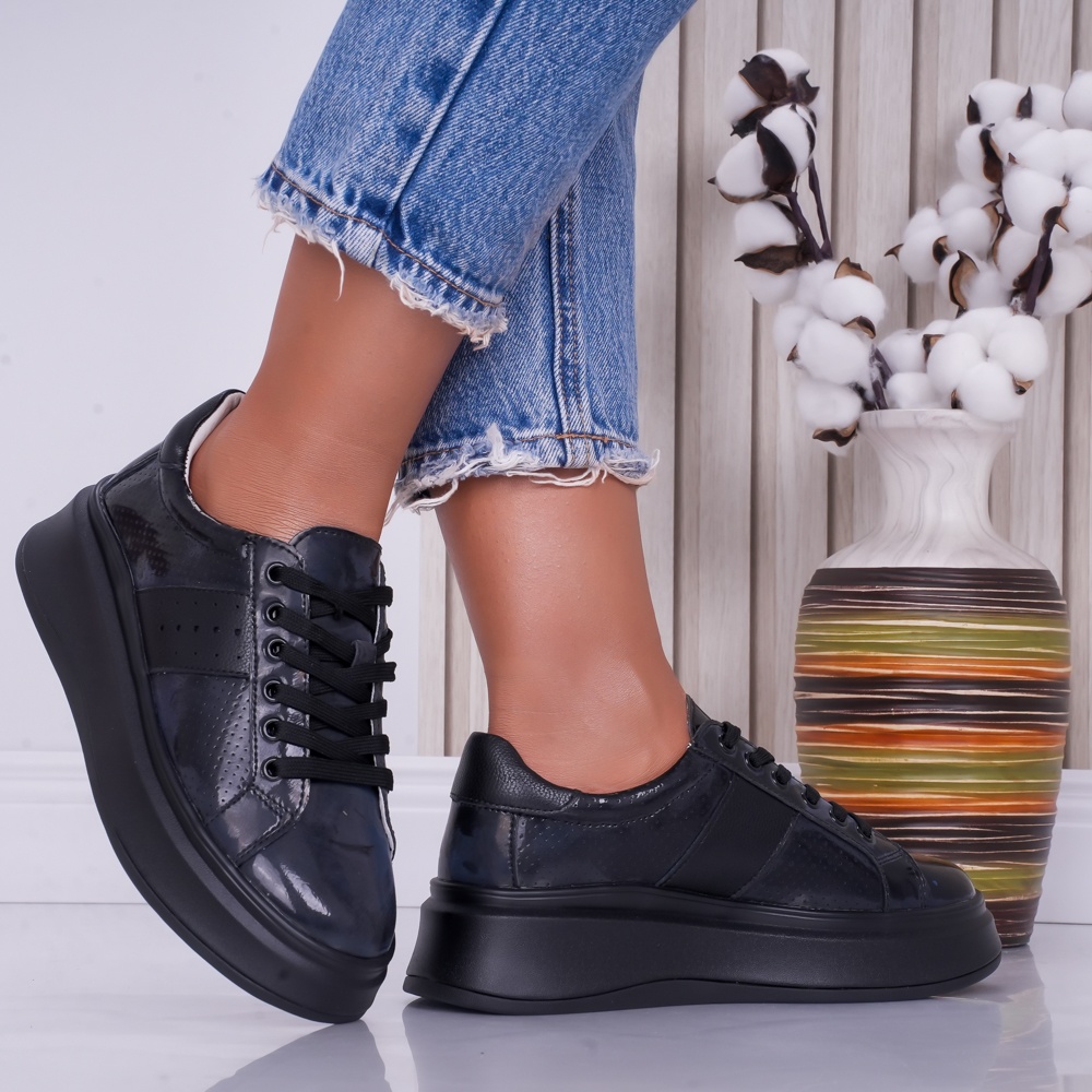 Pantofi dama casual Bleumarin din Piele Naturala Lacuita Aura - poza 3