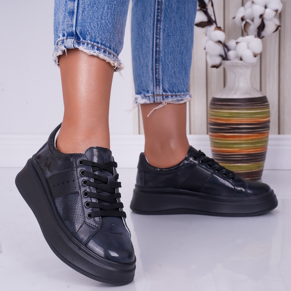 Pantofi dama casual Bleumarin din Piele Naturala Lacuita Aura - poza 4