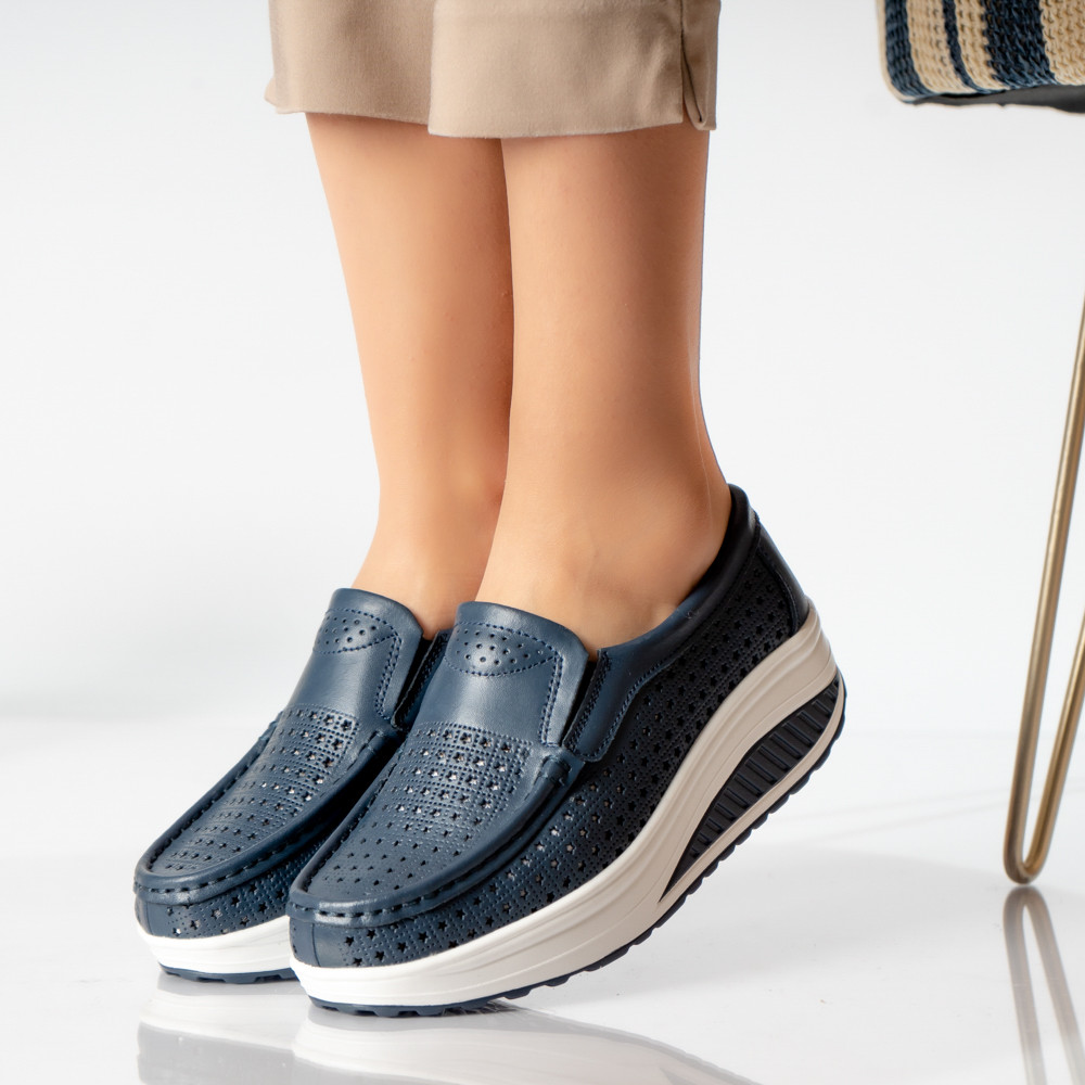 Pantofi dama casual bleumarin piele naturala flori - poza 1