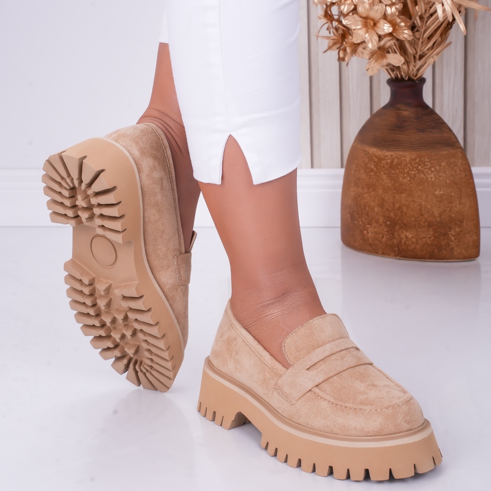 Pantofi dama casual Camel din Piele Ecologica Intoarsa Any - poza 4