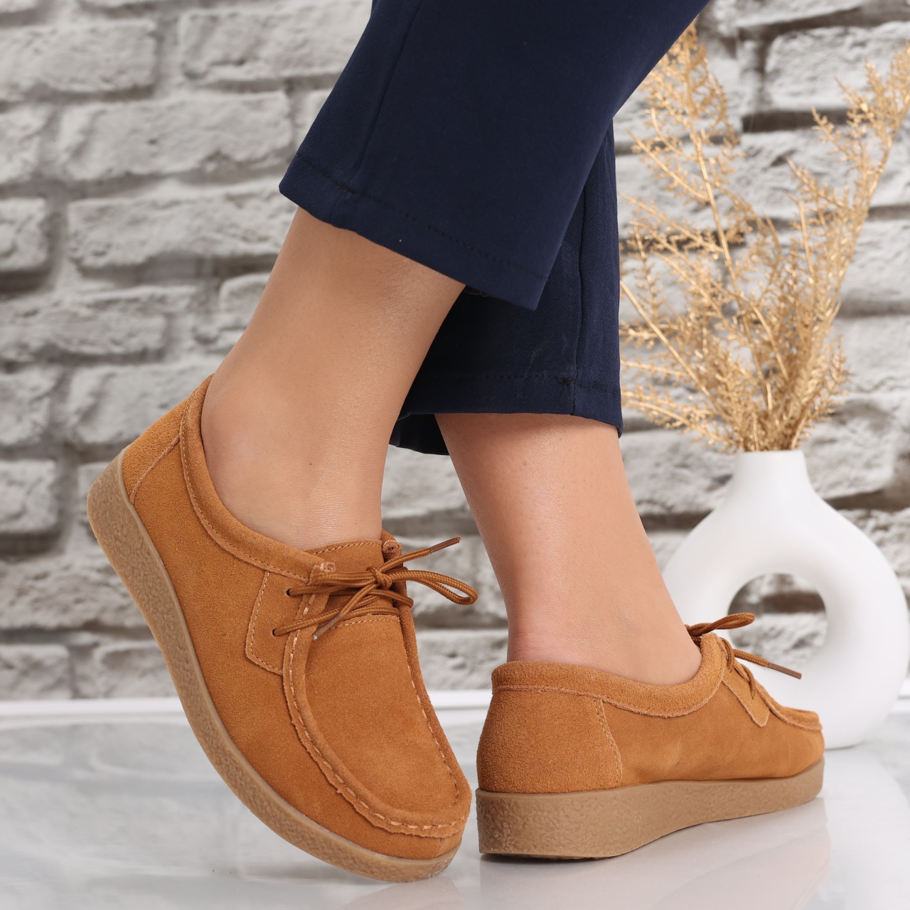 Pantofi dama casual Camel din Piele Naturala Intoarsa Alenasa - poza 2