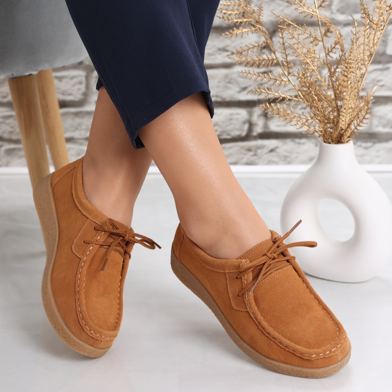 Pantofi dama casual Camel din Piele Naturala Intoarsa Alenasa - poza 3