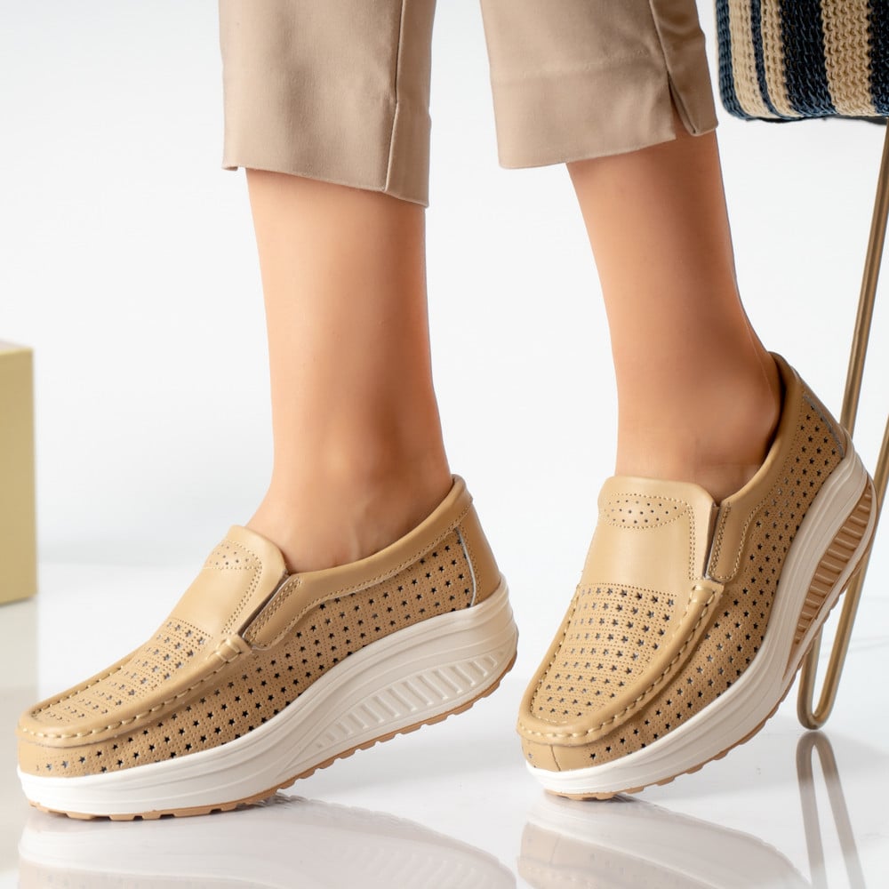 Pantofi dama casual camel piele naturala flori - poza 1