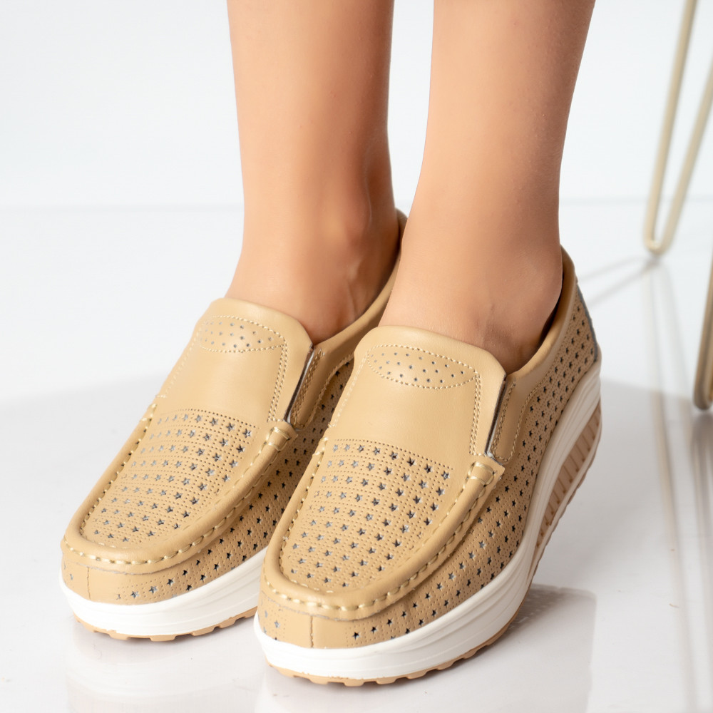 Pantofi dama casual camel piele naturala flori - poza 2