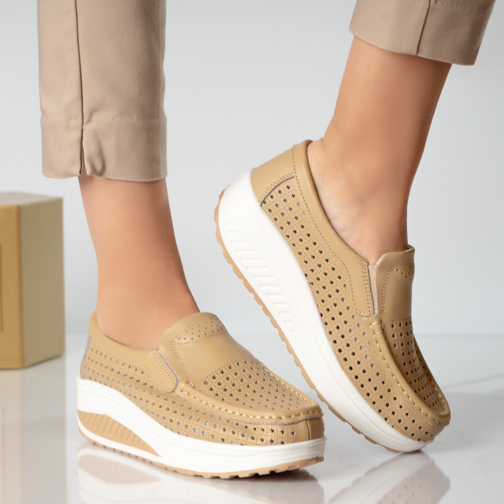Pantofi dama casual camel piele naturala flori - poza 3