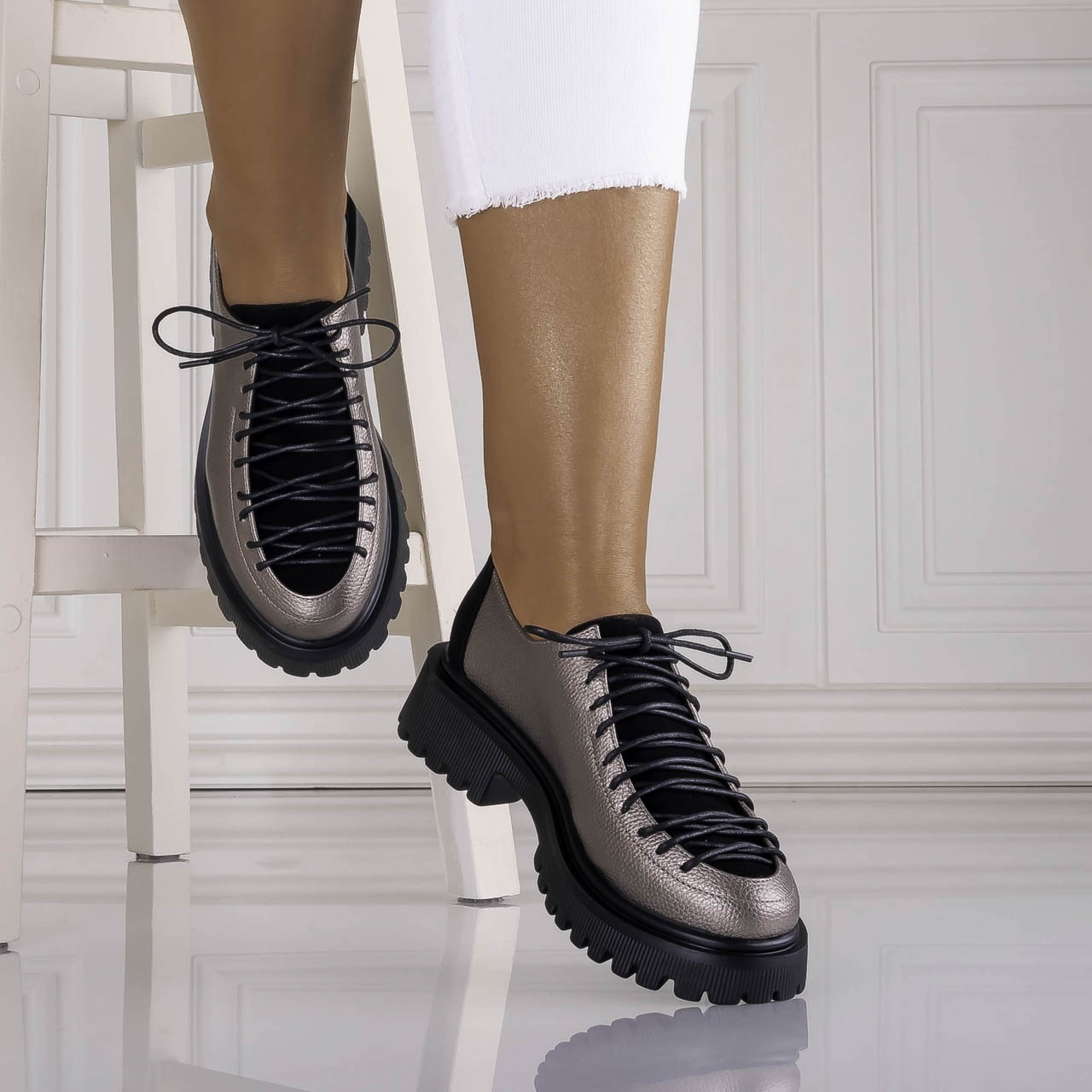 Pantofi dama casual Gri din piele ecologica Glenira - poza 2