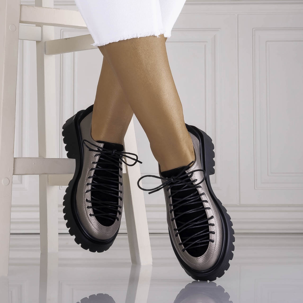 Pantofi dama casual Gri din piele ecologica Glenira - poza 3