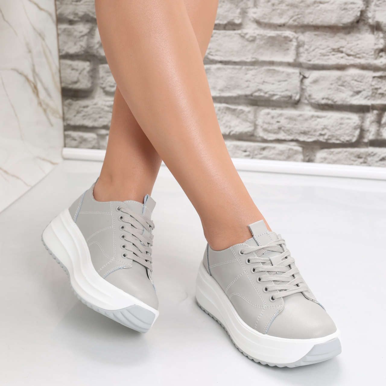 Pantofi dama casual Gri din Piele Naturala Amelsa - poza 3