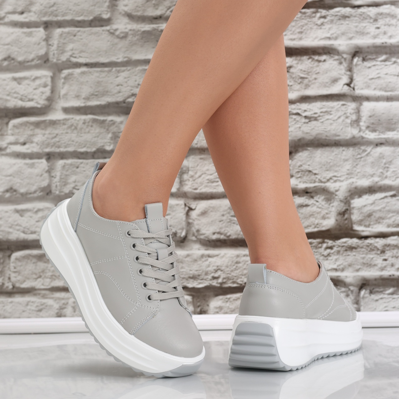 Pantofi dama casual Gri din Piele Naturala Amelsa - poza 4