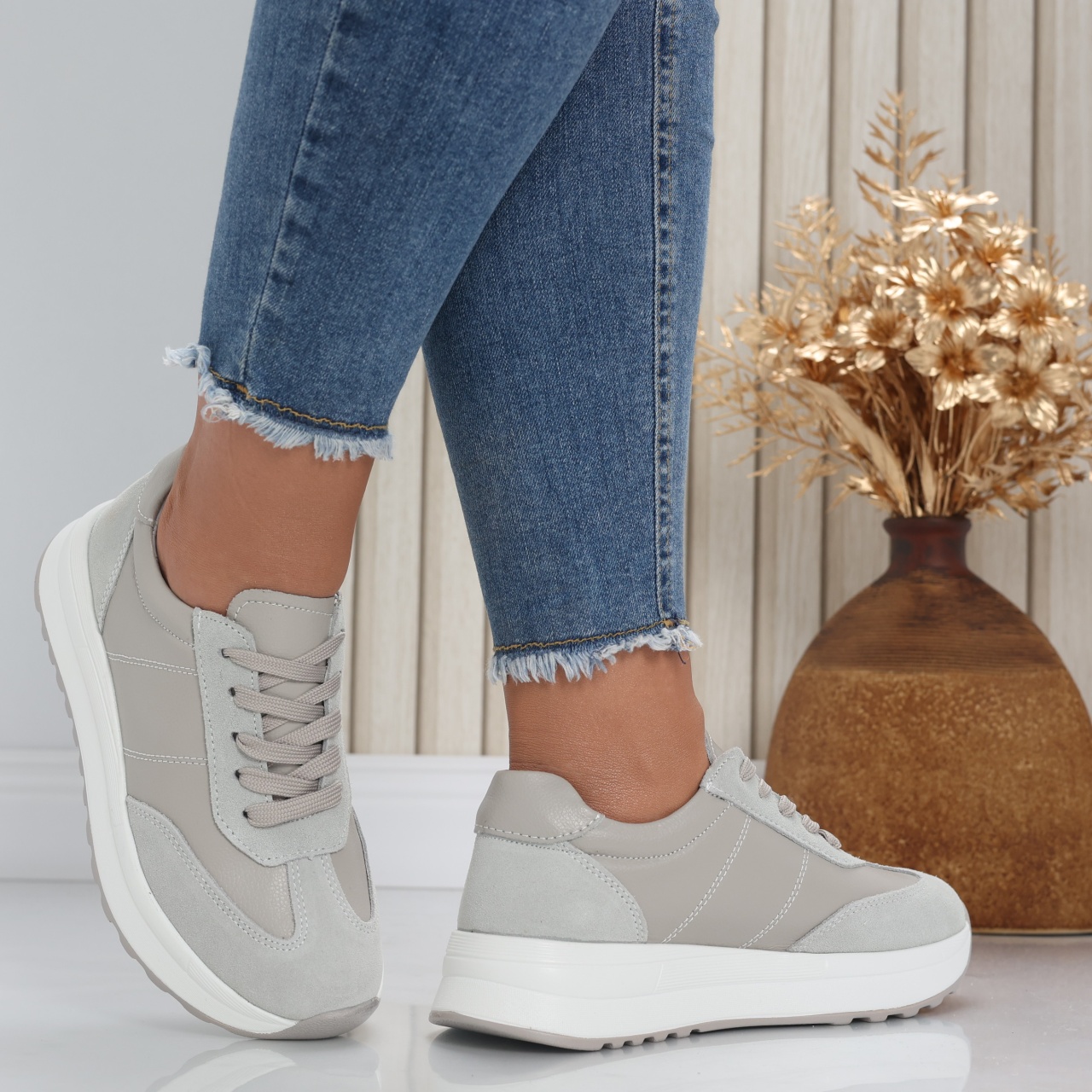 Pantofi dama casual Gri din Piele Naturala Bella - poza 3