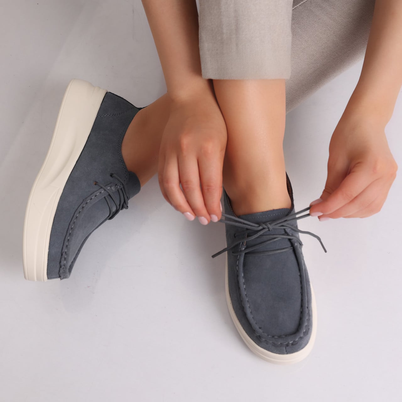 Pantofi dama casual Gri din Piele Naturala Intoarsa Derina - poza 1
