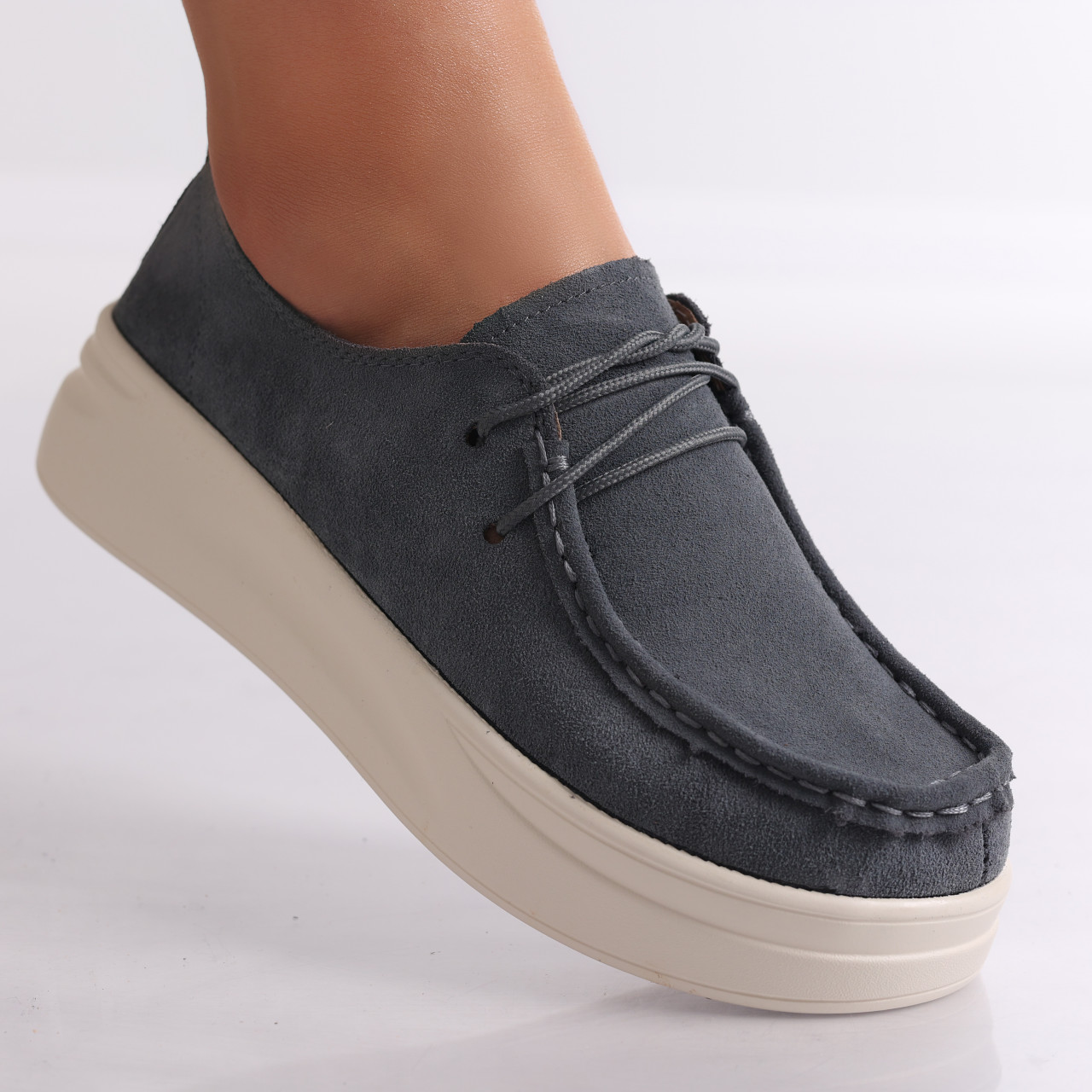 Pantofi dama casual Gri din Piele Naturala Intoarsa Derina - poza 2