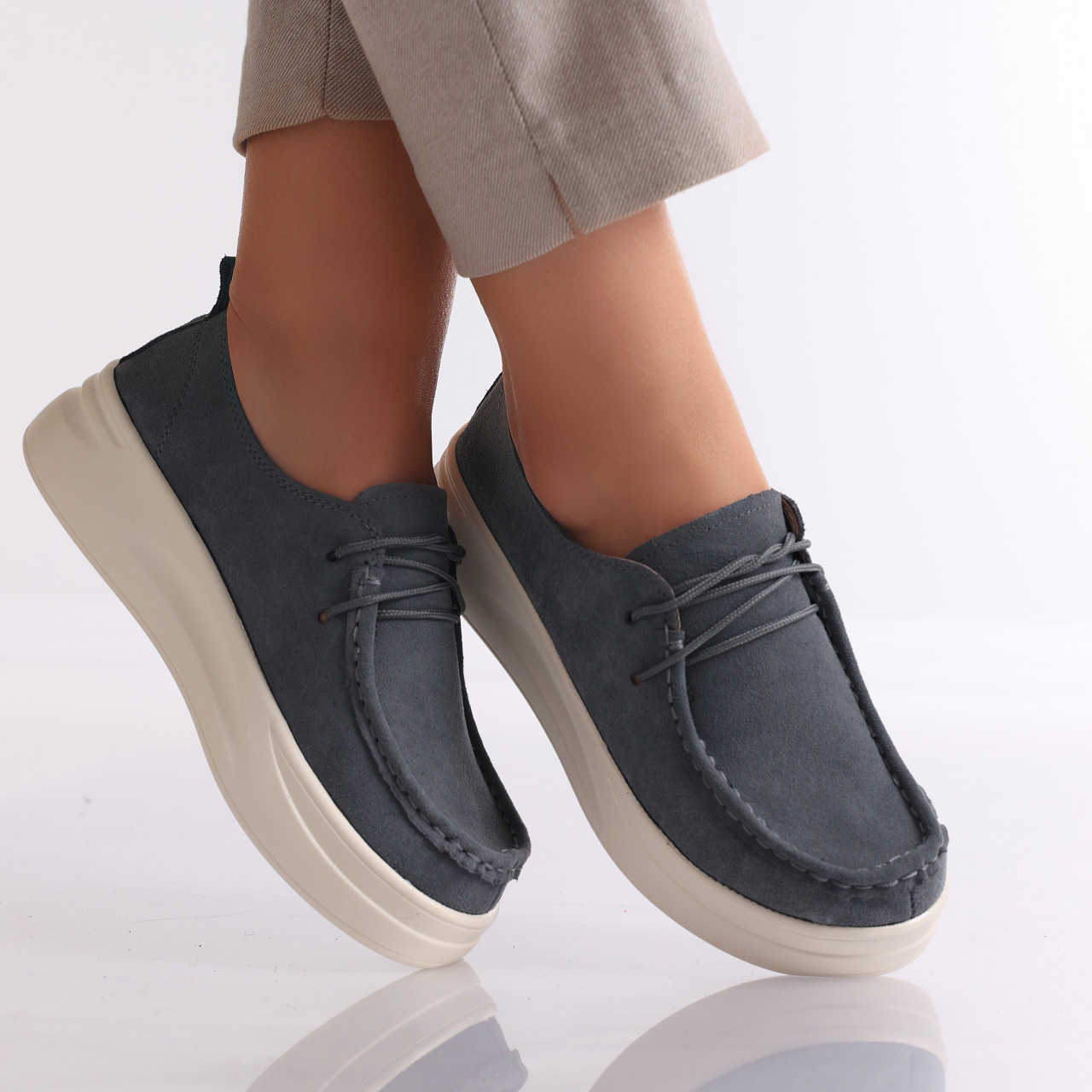 Pantofi dama casual Gri din Piele Naturala Intoarsa Derina - poza 3