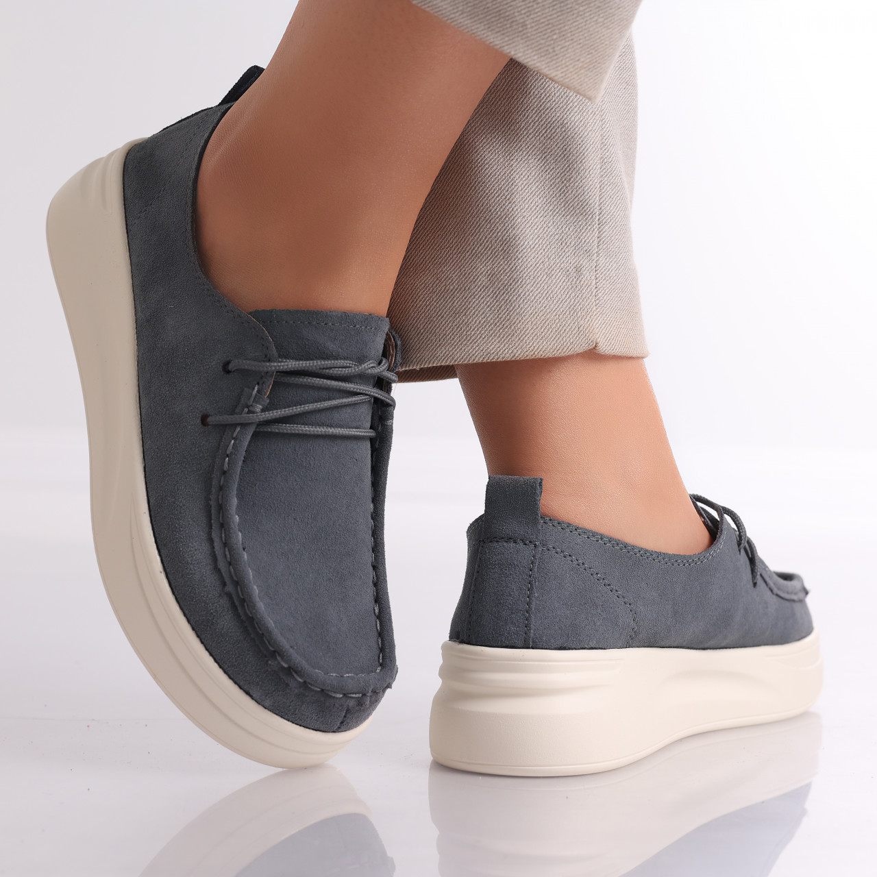 Pantofi dama casual Gri din Piele Naturala Intoarsa Derina - poza 4