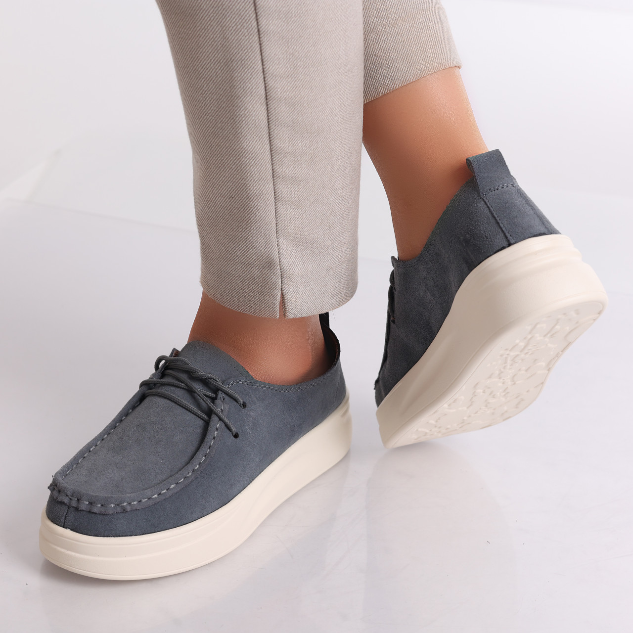 Pantofi dama casual Gri din Piele Naturala Intoarsa Derina - poza 5