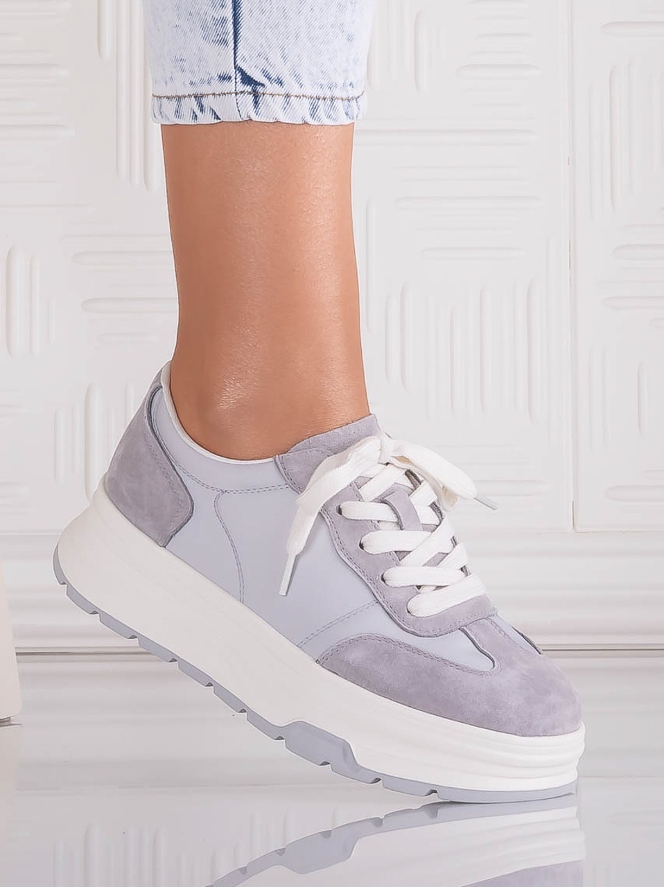 Pantofi dama casual Gri din Piele Naturala Intoarsa si textil Narella - poza 1