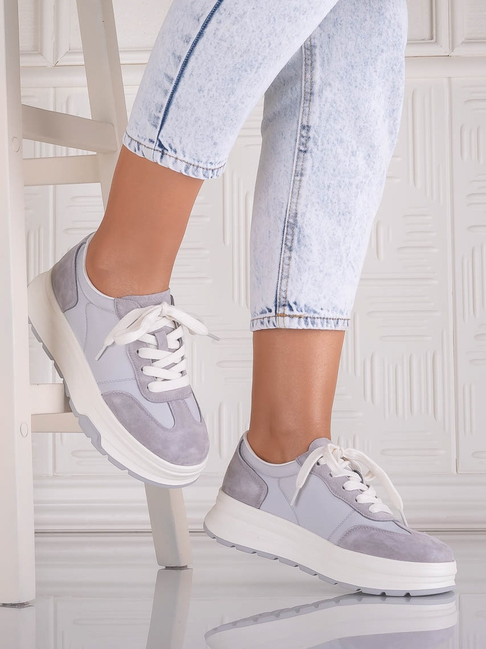 Pantofi dama casual Gri din Piele Naturala Intoarsa si textil Narella - poza 2