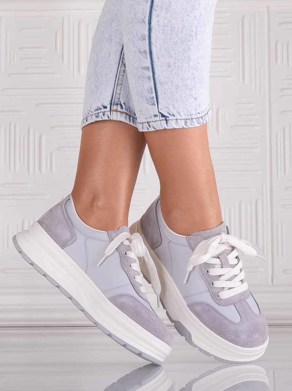 Pantofi dama casual Gri din Piele Naturala Intoarsa si textil Narella - poza 3