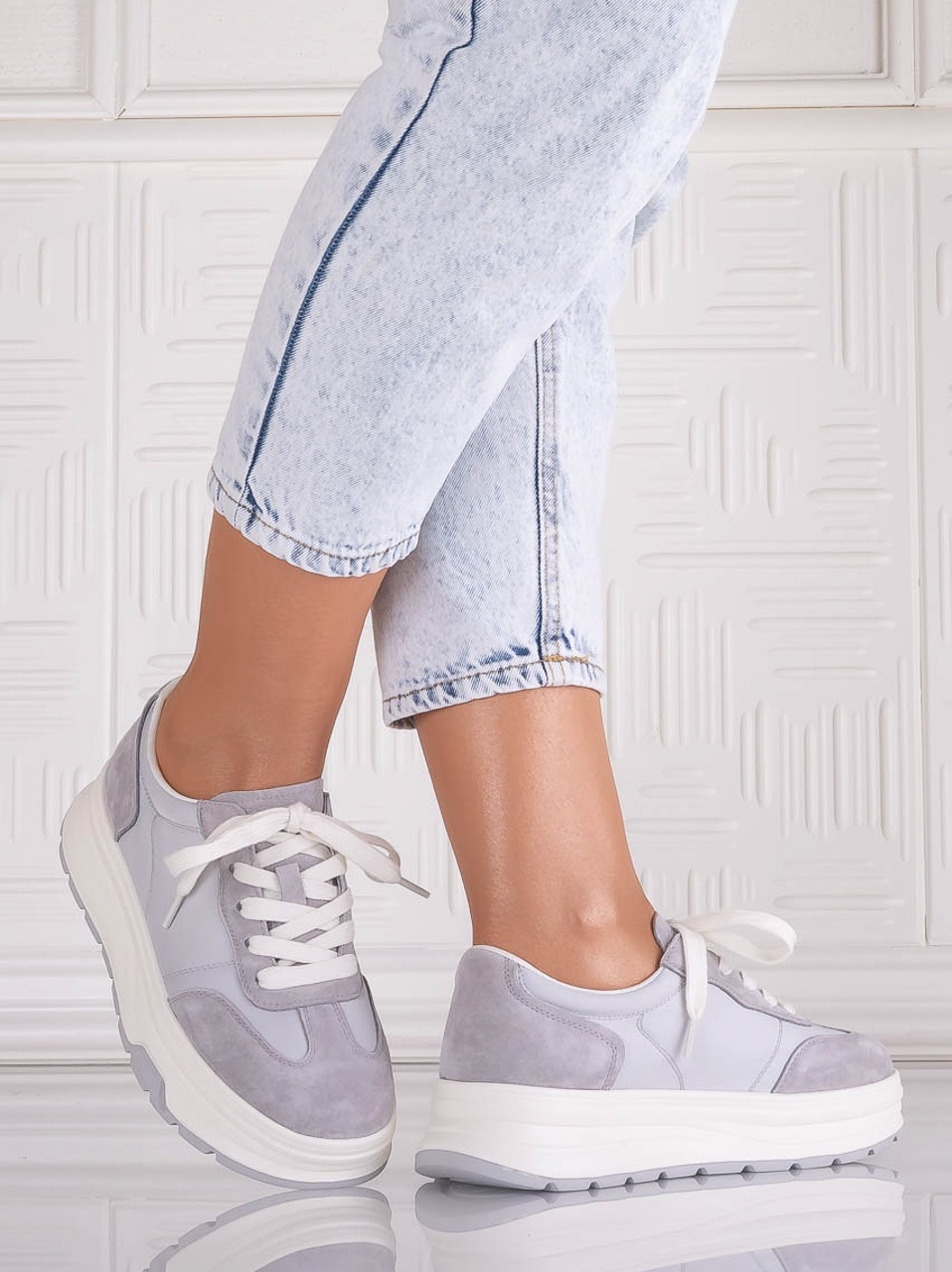 Pantofi dama casual Gri din Piele Naturala Intoarsa si textil Narella - poza 4