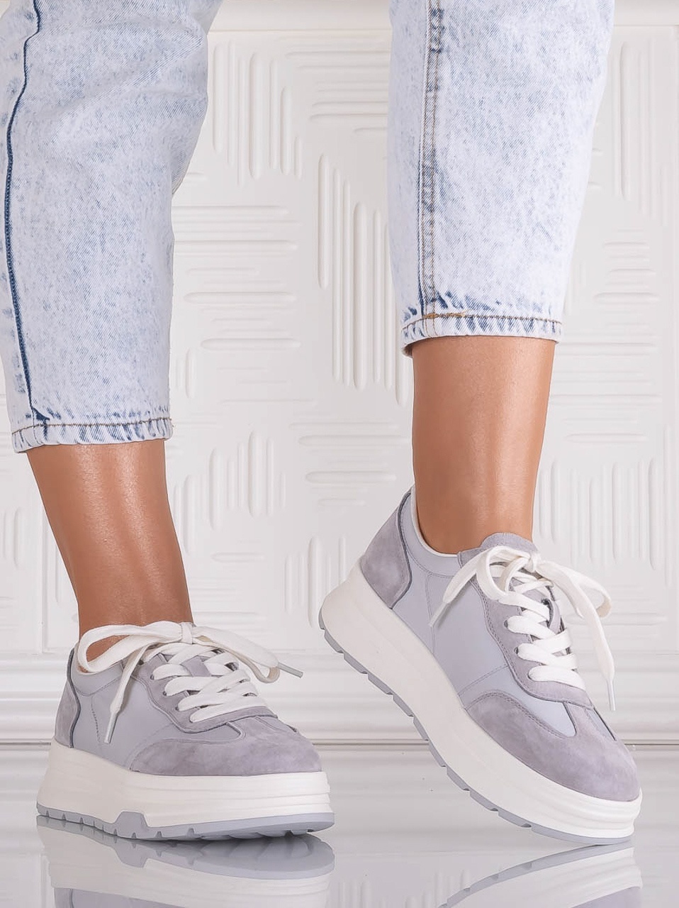 Pantofi dama casual Gri din Piele Naturala Intoarsa si textil Narella - poza 5