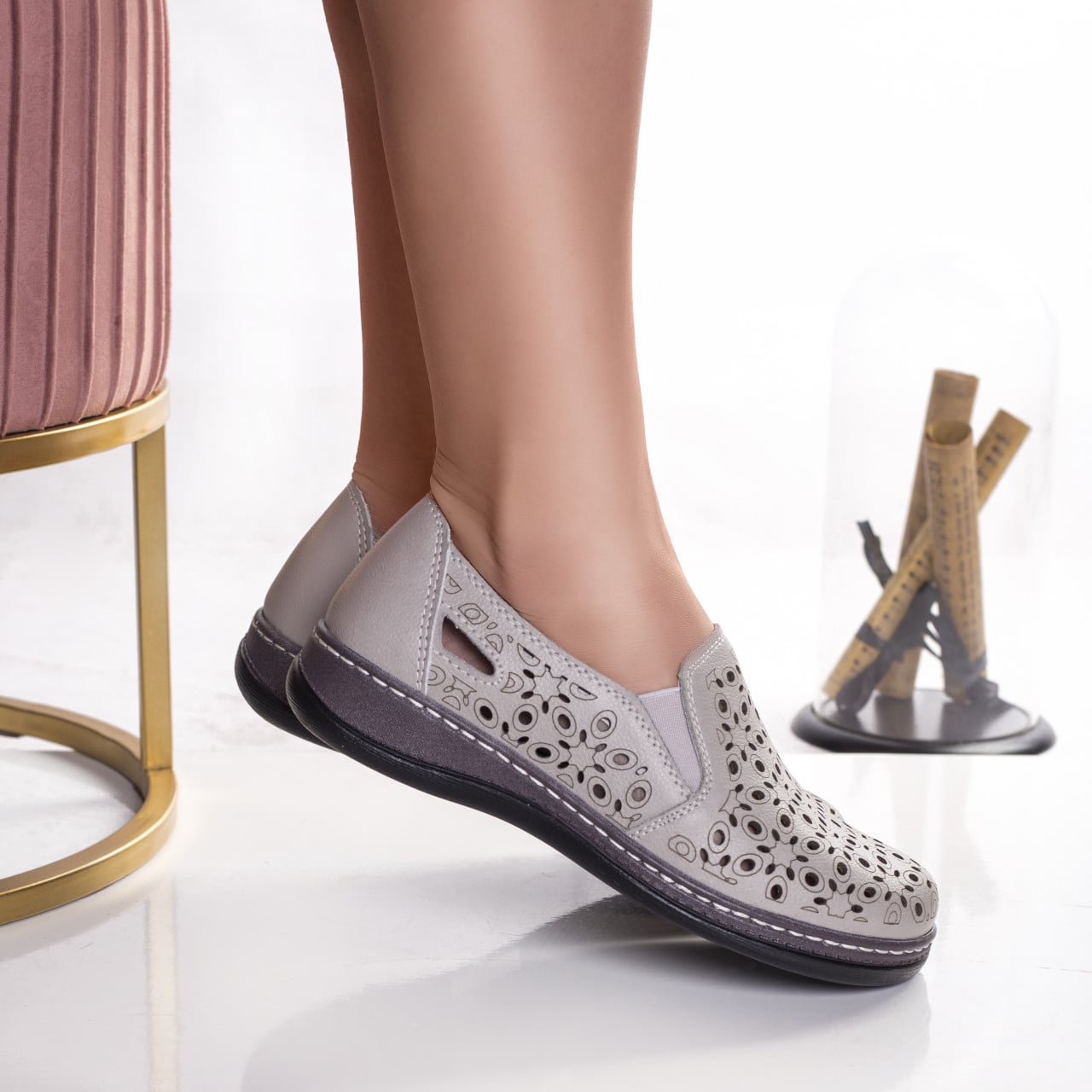 Pantofi dama casual gri din piele naturala juiter - poza 2