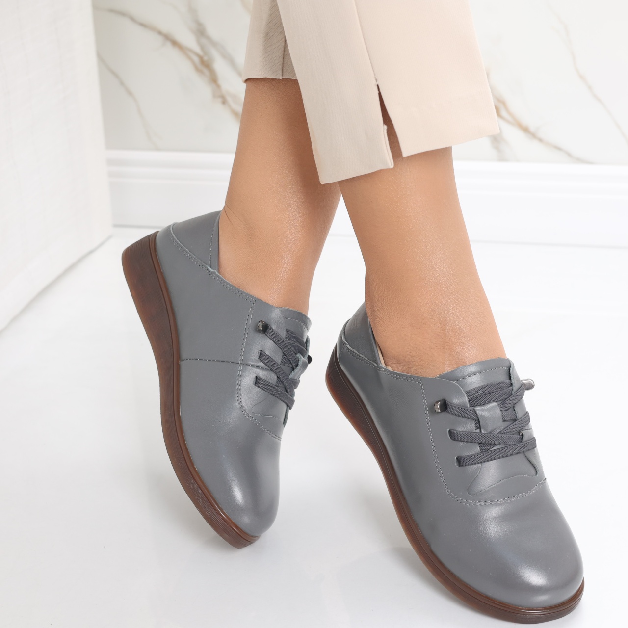 Pantofi dama casual Gri din Piele Naturala Samiana - poza 2