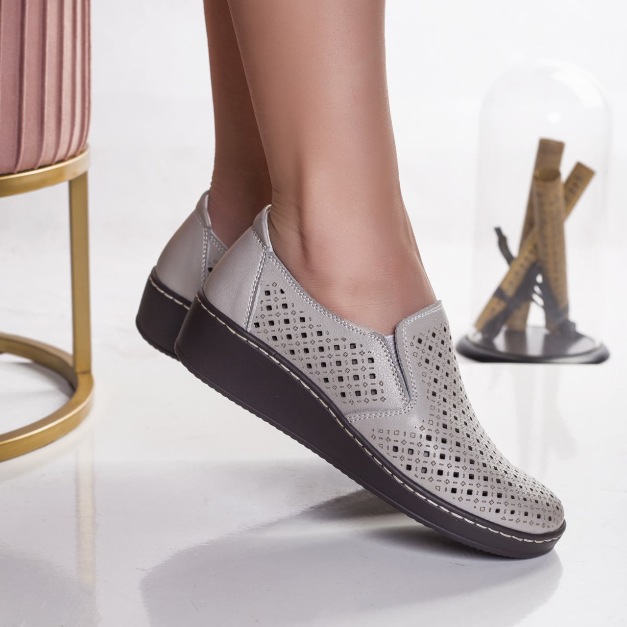 Pantofi dama casual gri din piele naturala sifar - poza 2