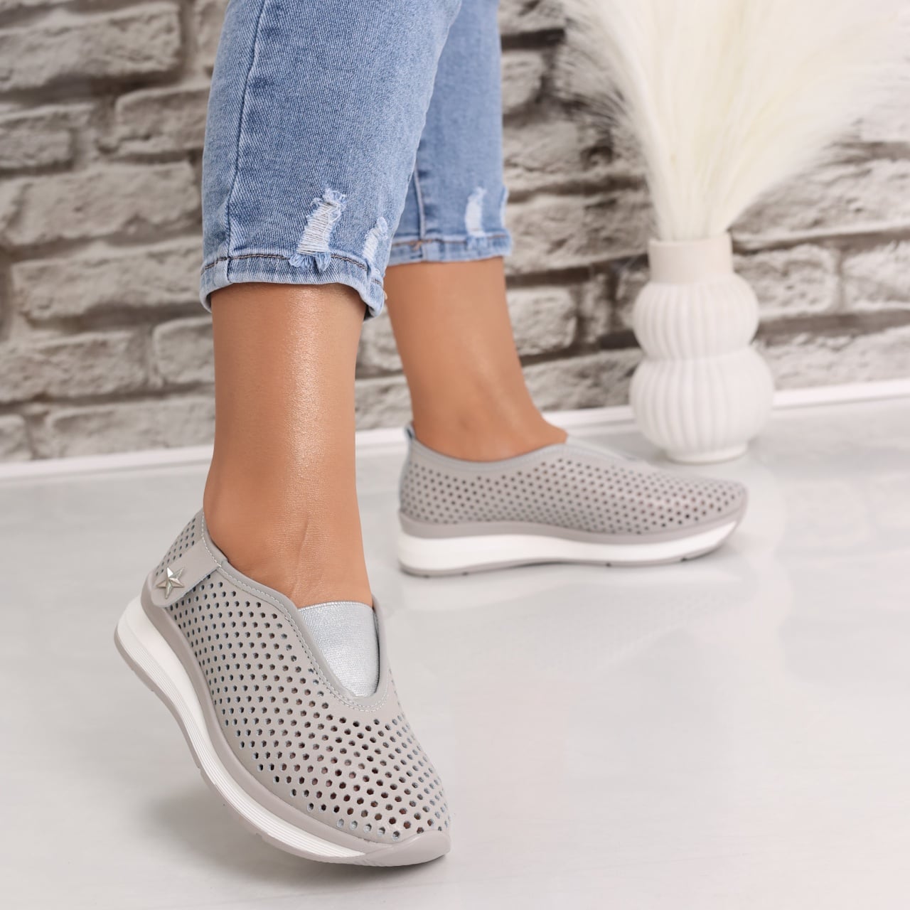 Pantofi dama casual Gri din Piele Naturala Watifa - poza 3