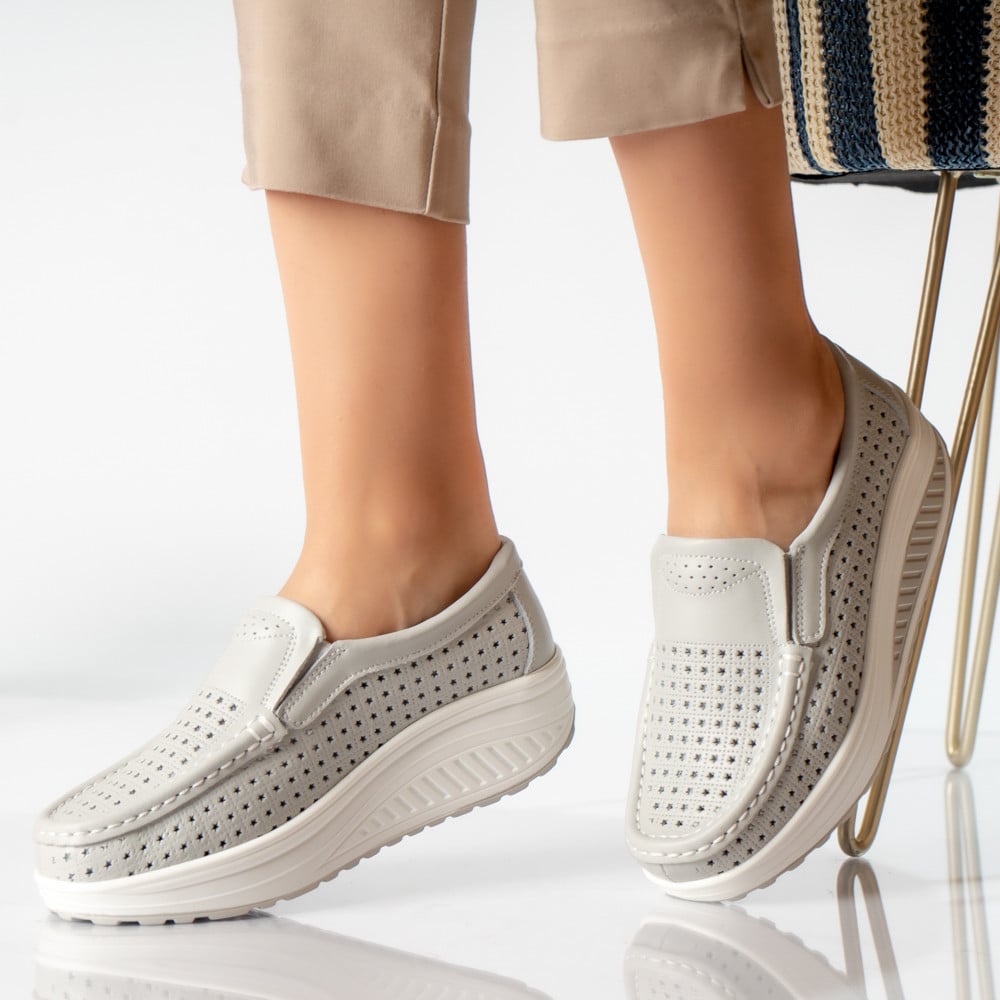 Pantofi dama casual gri piele naturala flori - poza 1