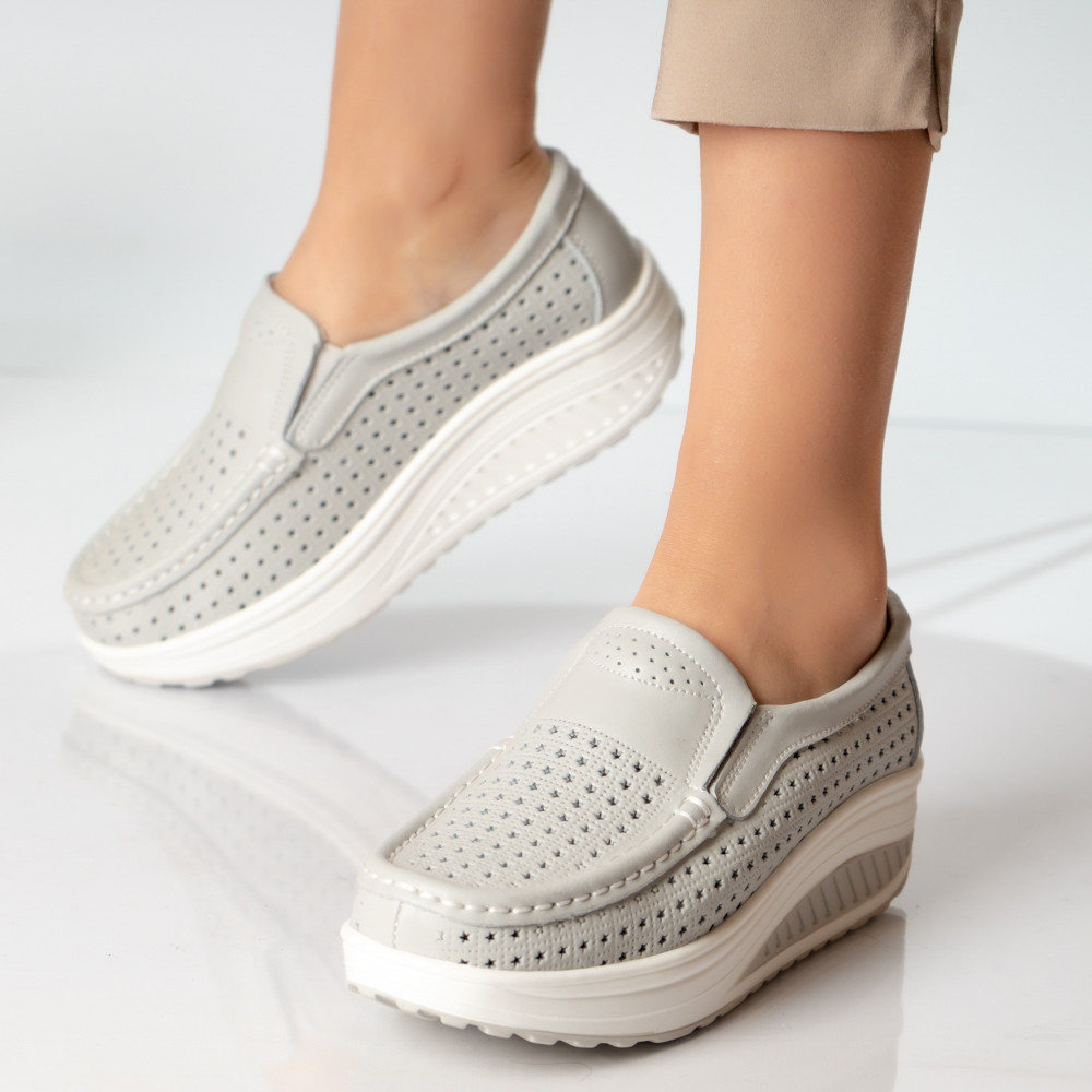 Pantofi dama casual gri piele naturala flori - poza 2