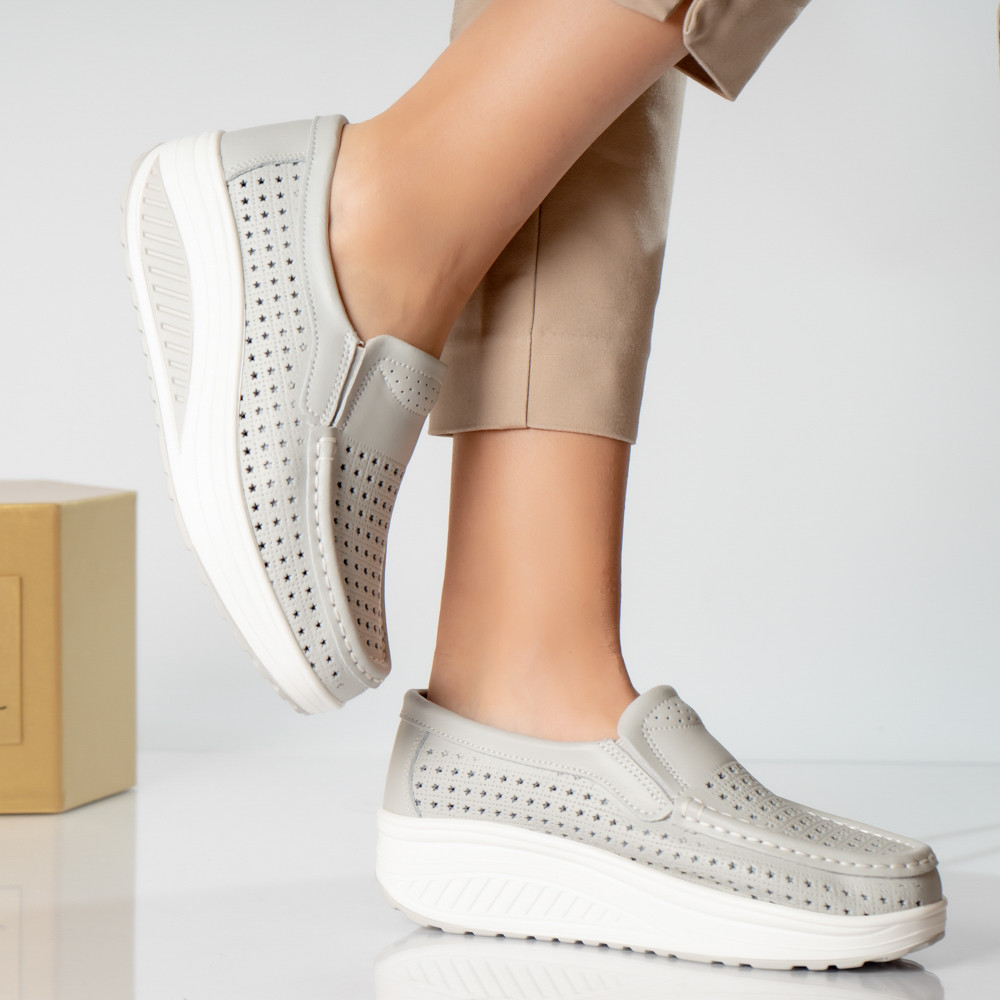 Pantofi dama casual gri piele naturala flori - poza 3