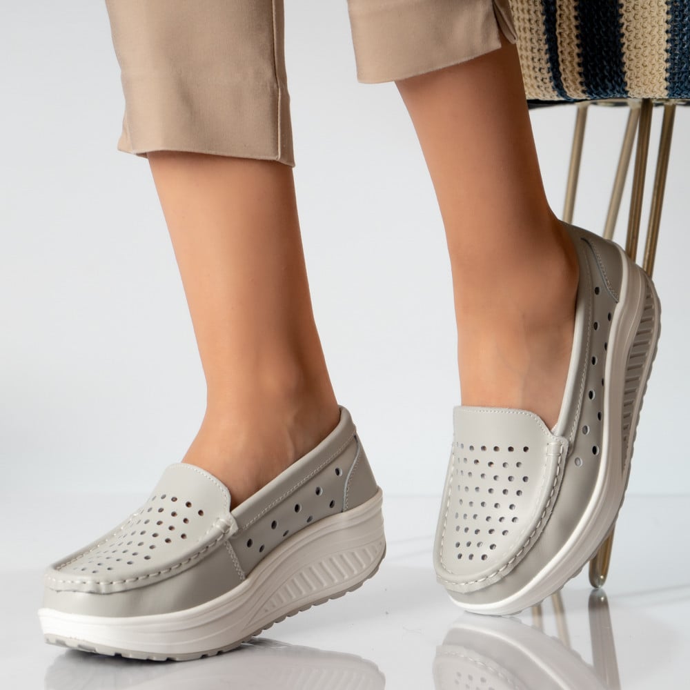 Pantofi dama casual gri piele naturala perla - poza 2