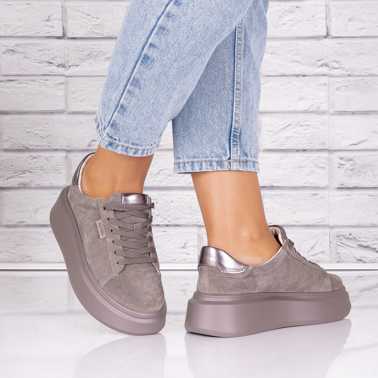 Pantofi dama casual kaki din Piele Naturala Intoarsa Alersa - poza 2