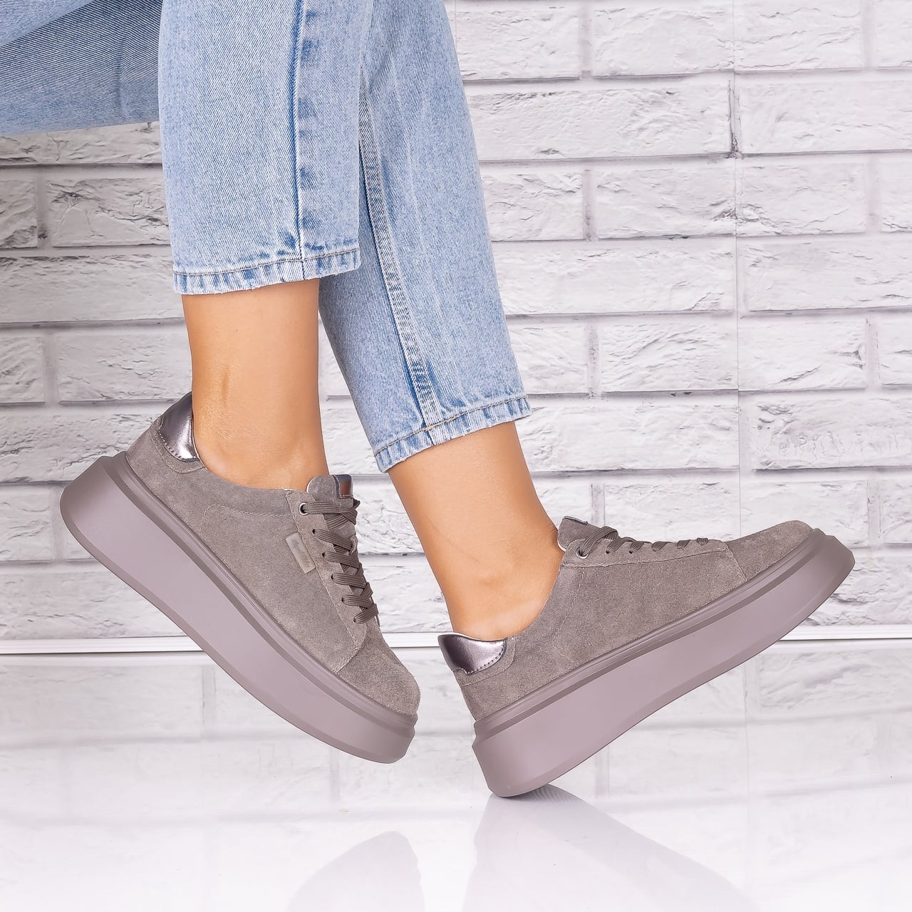Pantofi dama casual kaki din Piele Naturala Intoarsa Alersa - poza 3