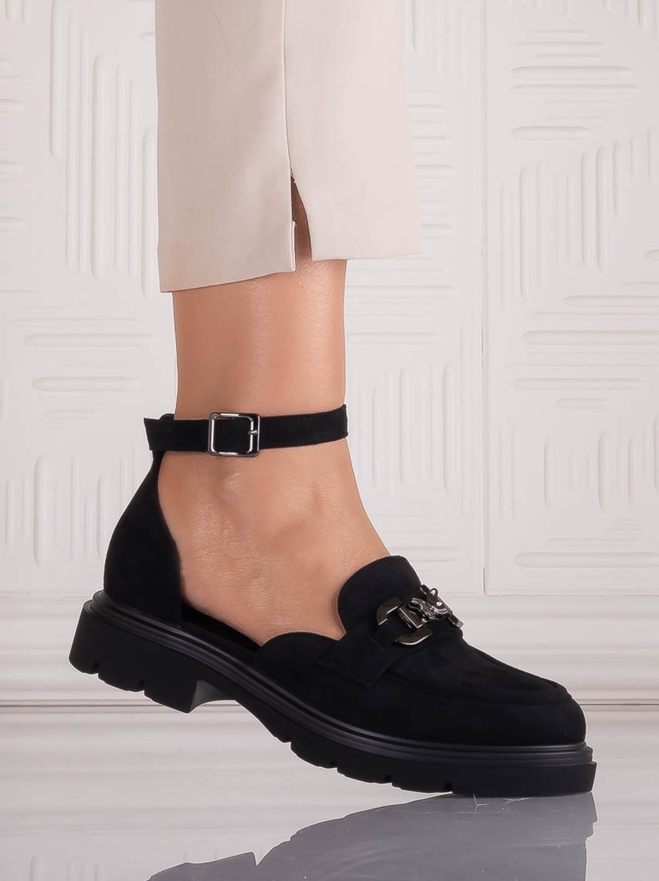 Pantofi dama casual Negri din Piele Ecologica Intoarsa Adiria - poza 2