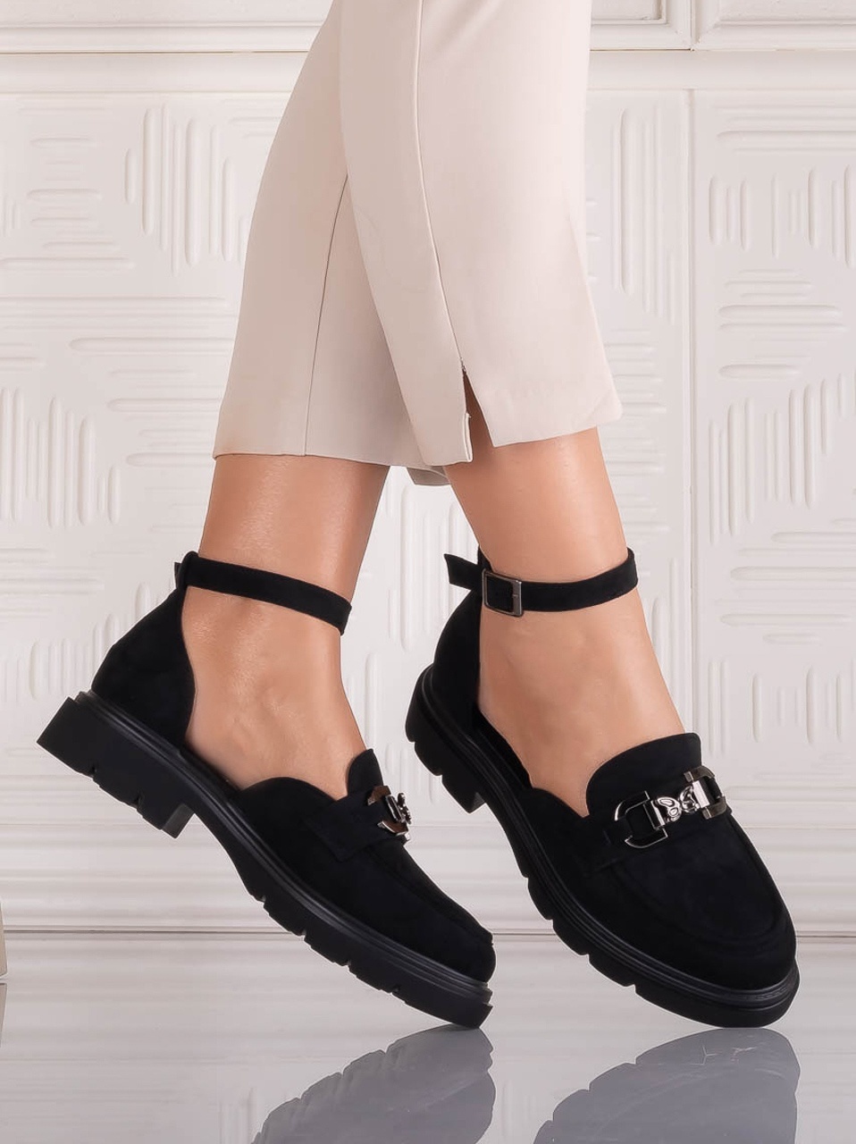 Pantofi dama casual Negri din Piele Ecologica Intoarsa Adiria - poza 3