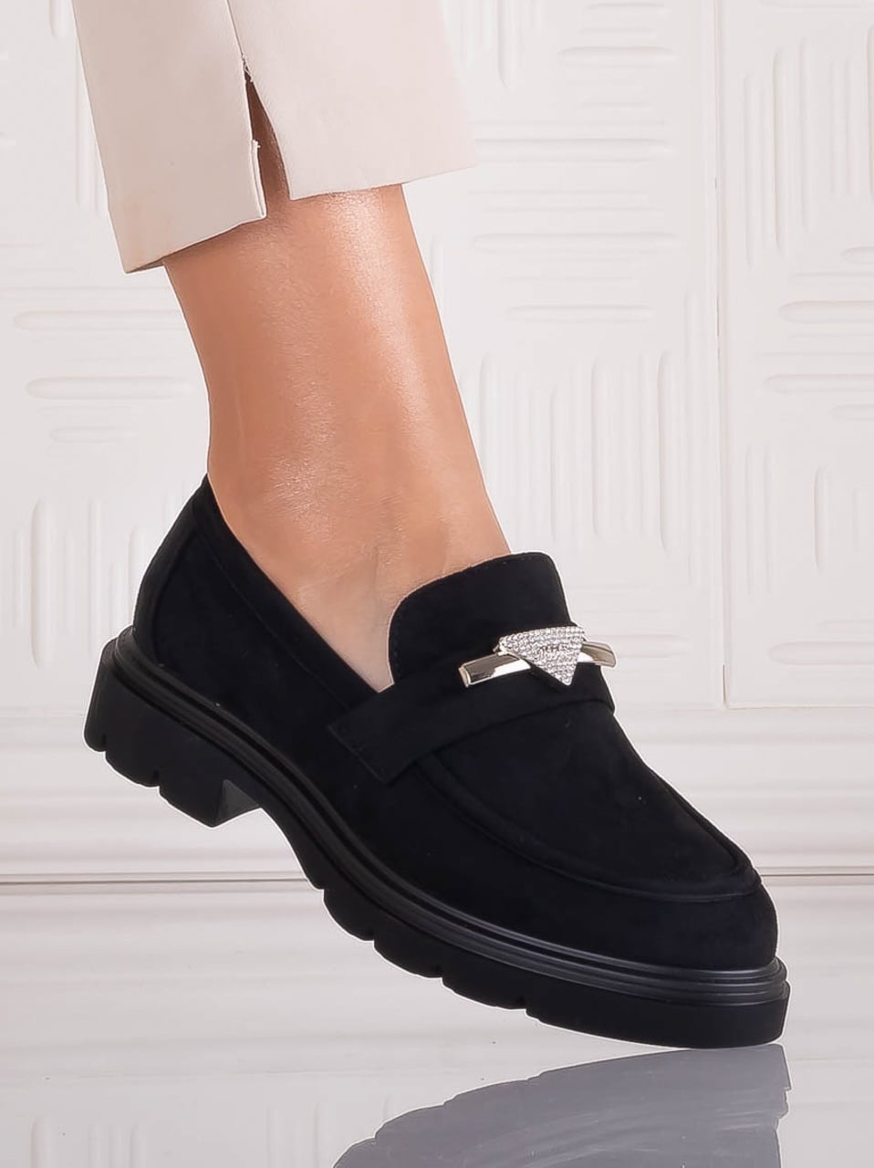 Pantofi dama casual Negri din Piele Ecologica Intoarsa Sudera - poza 1