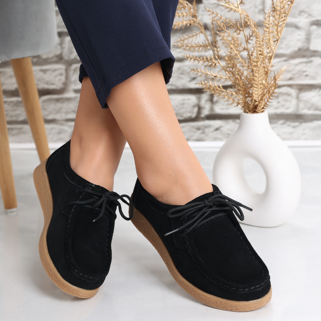 Pantofi dama casual Negri din Piele Naturala Intoarsa Alenasa - poza 2